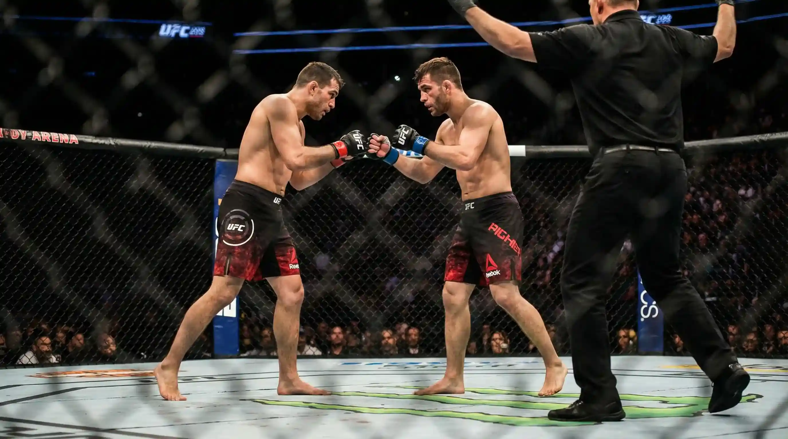 Zawodnik UFC przygotowuje się do walki w oktagonie, w tle widoczna tablica z kursami bukmacherskimi