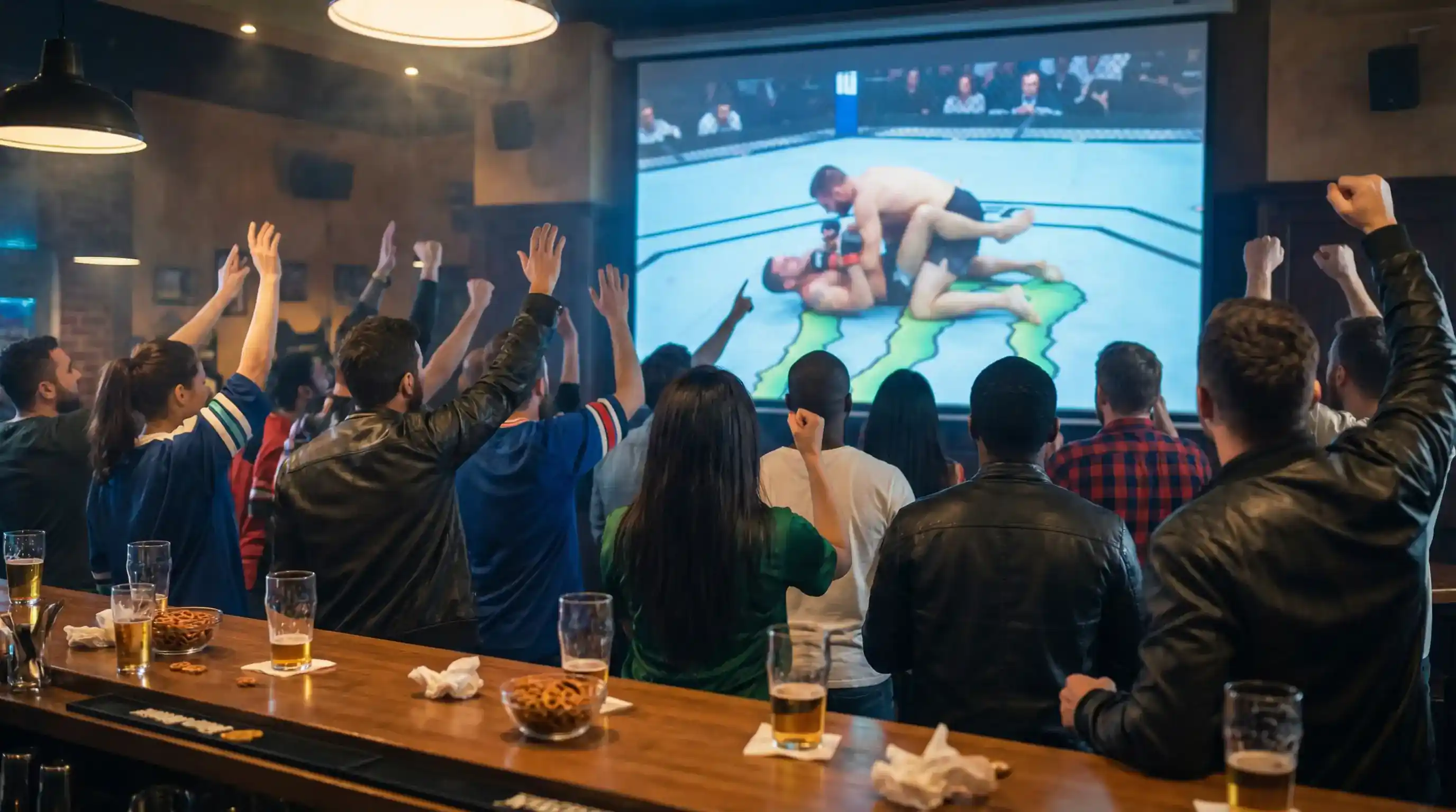 Widownia podczas gali UFC obserwuje walkę w oświetlonym oktagonie